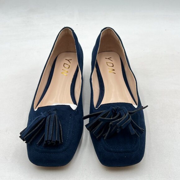YDN Deep Blue Block Low Heel Loafers Square Toe Tassel Fringed Pump Slip On Shoe - Picture 3 of 8